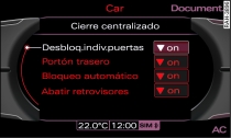 Pantalla: Menú del cierre centralizado